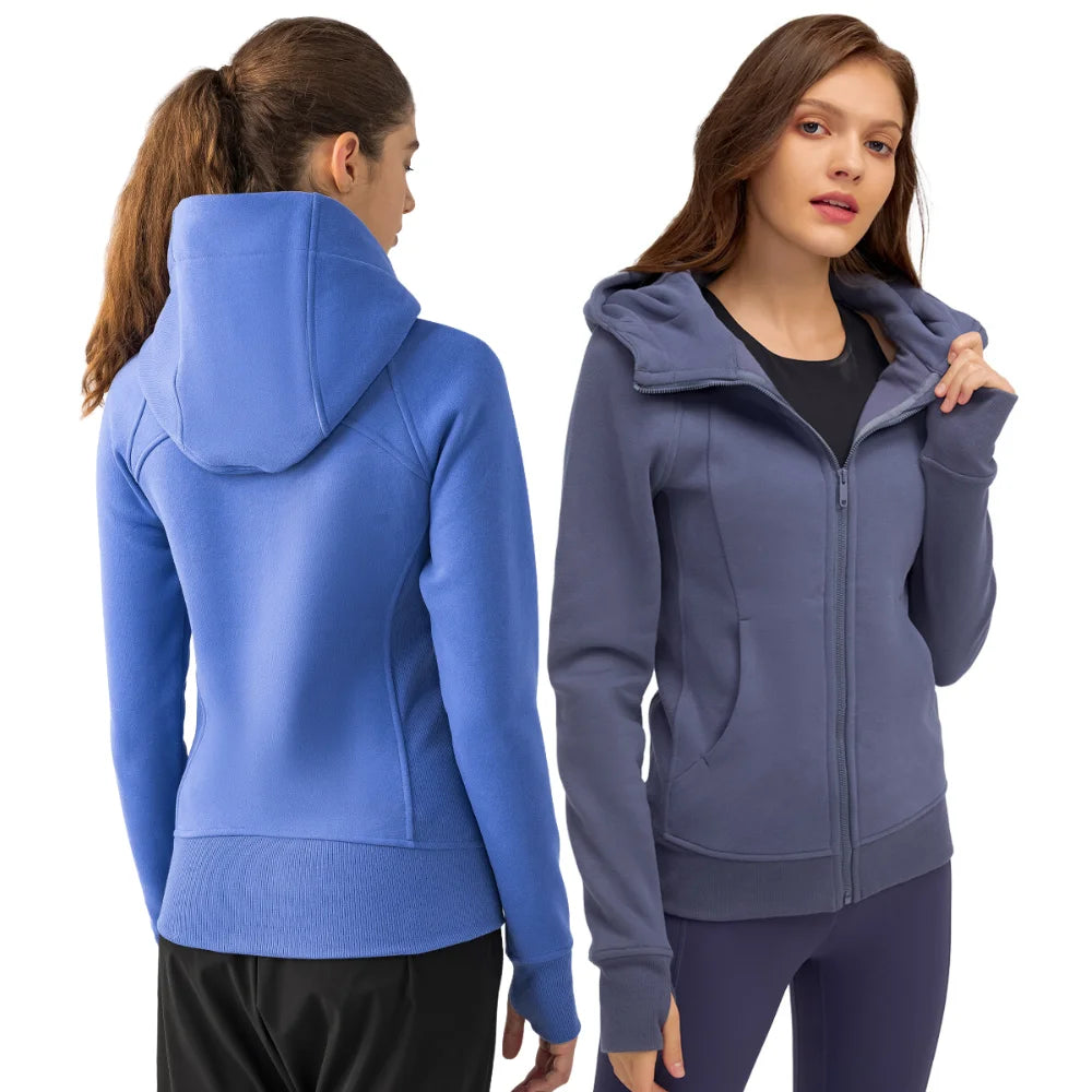 Autumn Winter Womens Thick Warm Hooded Workout Jacket Full Zip Fitted Yoga Training Gym Running Outerwear Custom Logo