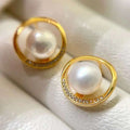 Silver Needle Anti Allergy Stud Earrings 4A High Quality Freshwater Pearl 8.5-9MM Gold Plated White Pearl Trendy Women's