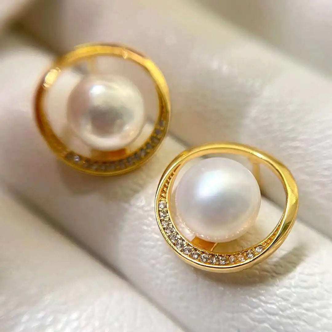 Silver Needle Anti Allergy Stud Earrings 4A High Quality Freshwater Pearl 8.5-9MM Gold Plated White Pearl Trendy Women's