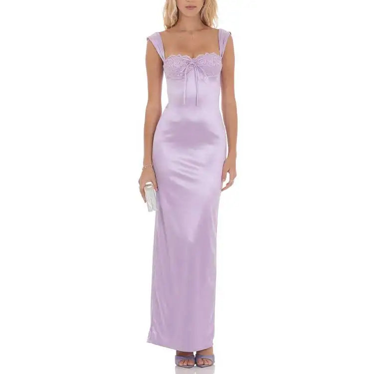 Luxury Fashion Women Custom V Neck Sleeveless Corset Lace Trim Maxi Dress Elegant Party Backless Satin Bodycon Long Dress