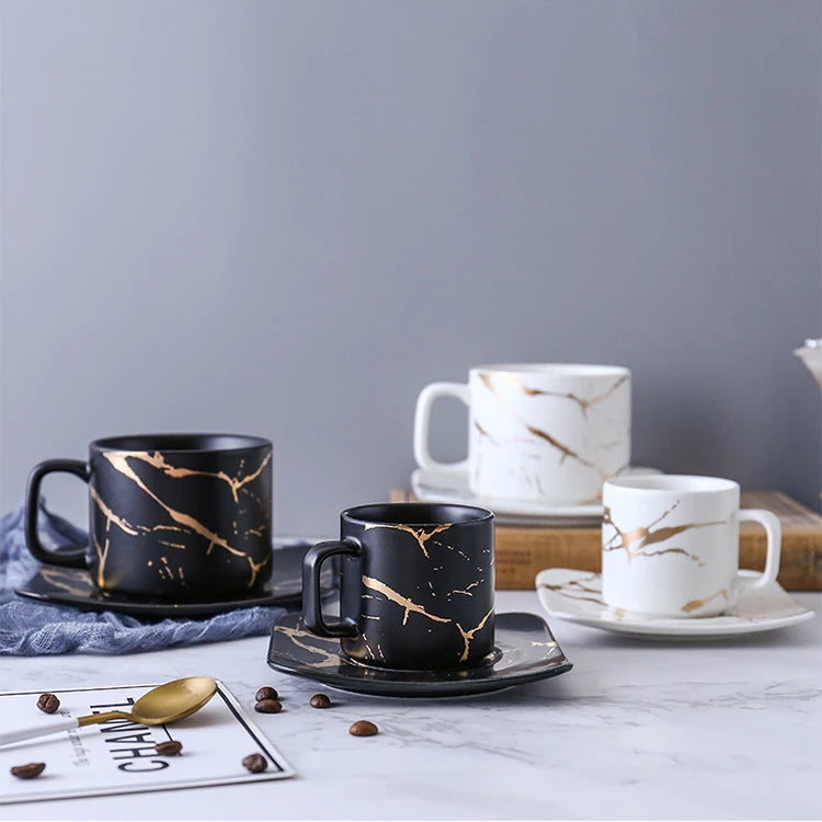Factory Direct Sales Marble Matte Black/white  Golden Marble Design 4oz/8oz Ceramic Coffee Cups and Saucer Sets