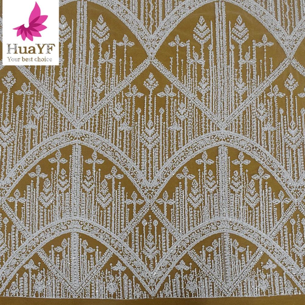 HY2802-4 New Design High Quality White Beaded Bridal Lace With Sequins for Women Wedding Dress Fabric