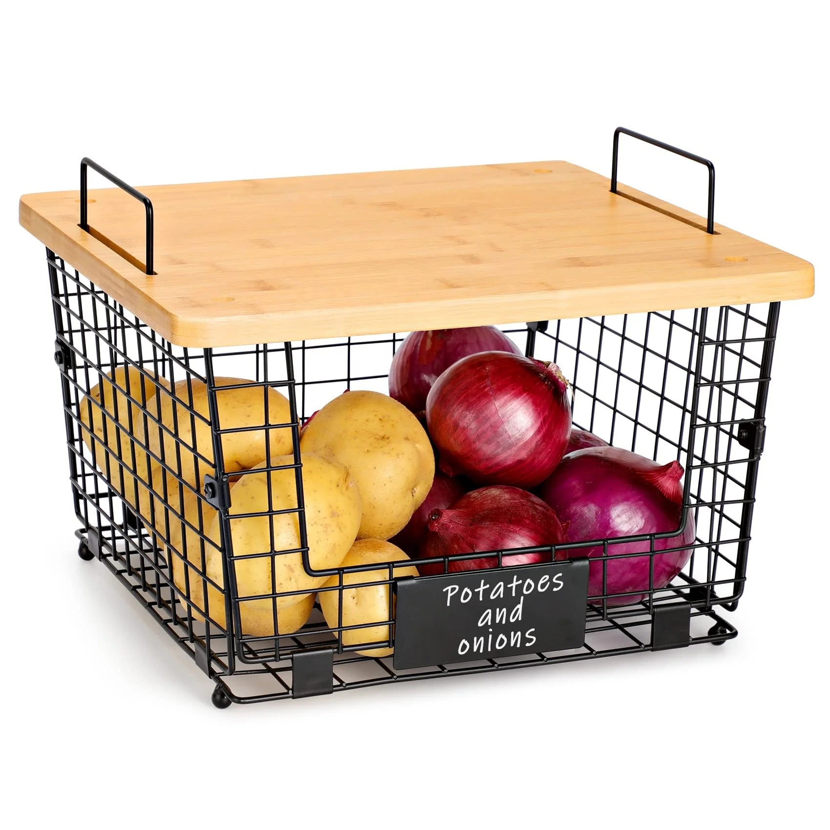 Cabinet Countertop Organizer Bins Pantry Storage  Organizing Basket Stackable Kitchen Counter Basket with Bamboo Tray