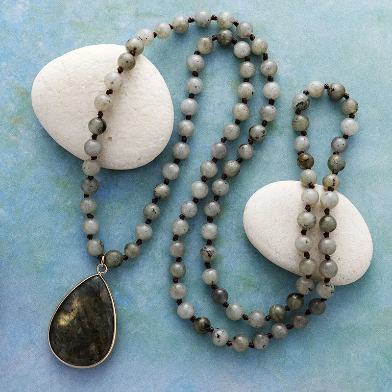 Handmade Design Natural Labradorite Rose Quartz Stone Necklace Long Knotted Stone Drop Pendant Women Necklace