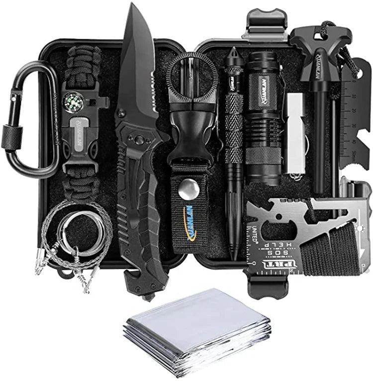 Emergency Survival Kit 13 in 1 Outdoor Survival Gear Tool with Survival Bracelet Fire Starter Whistle Wood Cutter