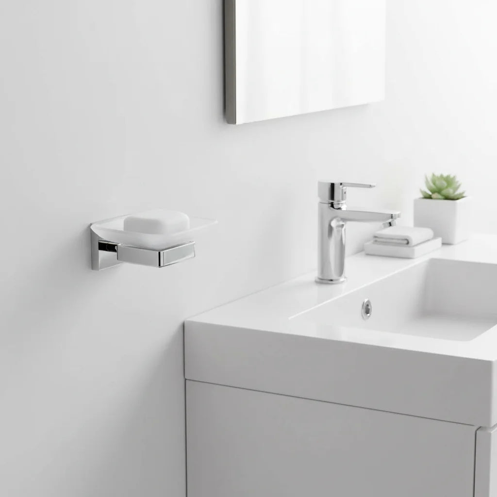 Modern Design Chrome Finish Eco-Friendly Zinc Alloy Glass Soap Dish Holder High Quality Wall Mount 1 Year Warranty for Bathroom