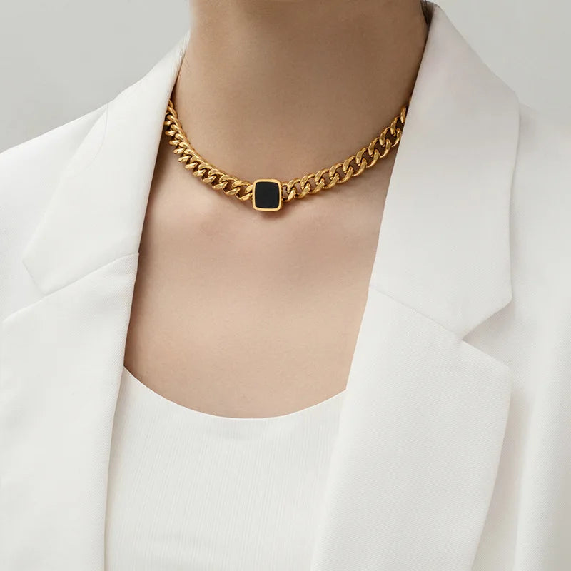 Gold Plated Titanium Steel Thick Chain Necklace for Female H-IP H-OP Black Block Collarb-One Chain Zircon Trendy Alloy Earrings