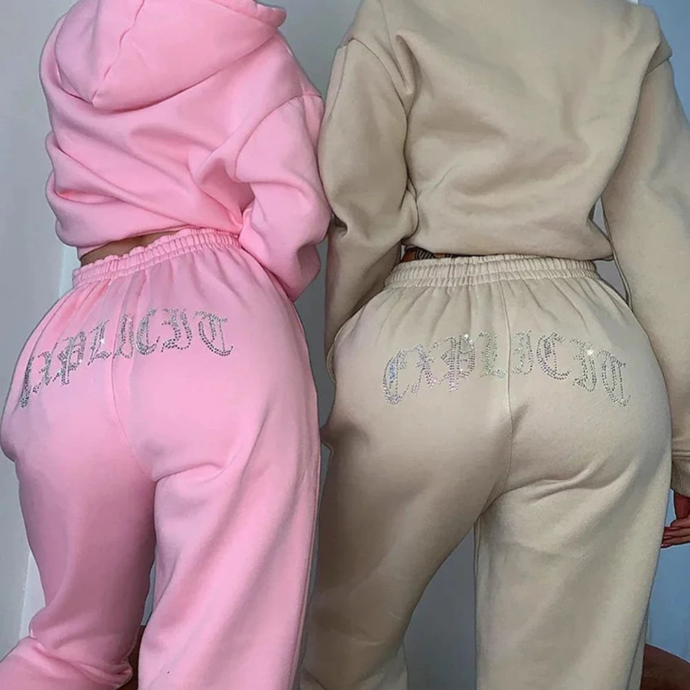 380gsm Custom logo Rhinestone Oversized Two Piece Hoodies and Jogger Set Women High Quality Cotton Sweatpants and Hoodie Set