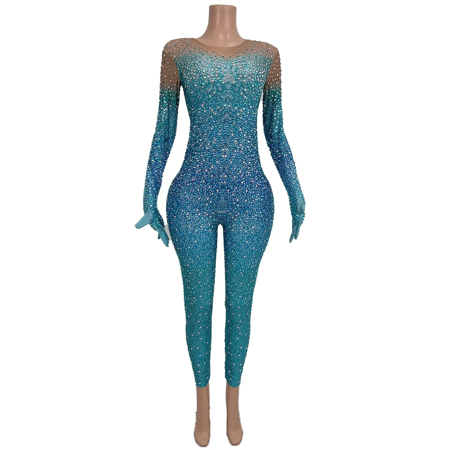 2025 Blue Long Sleeves Stage Performance Rhinestone Jumpsuit Women Las Vegas Show Gogo Dancer Costume Sexy Party Bodycon Rompers