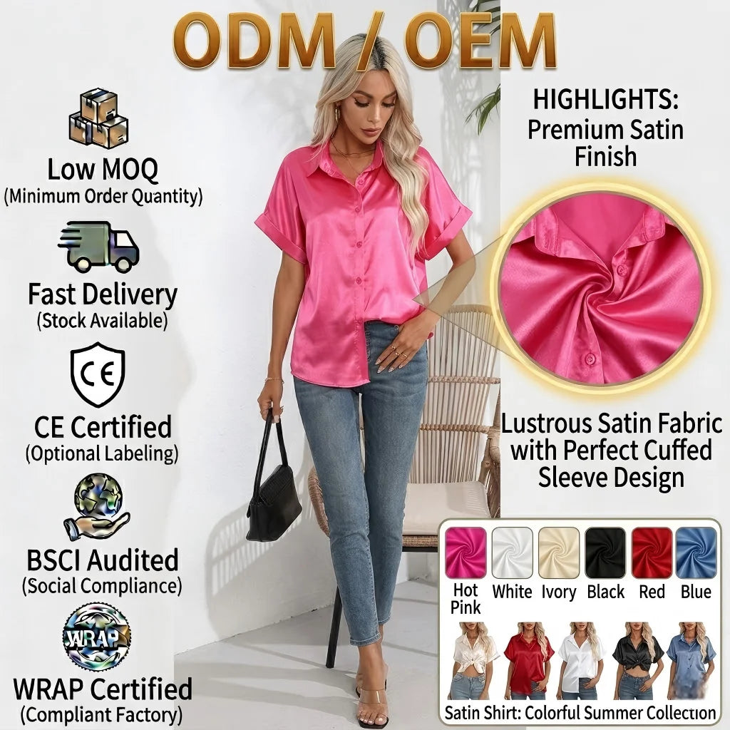 New Satin Shirts Women Solid Color Short Sleeve Blouse Spring Summer Causal Lady's Tops Shirt