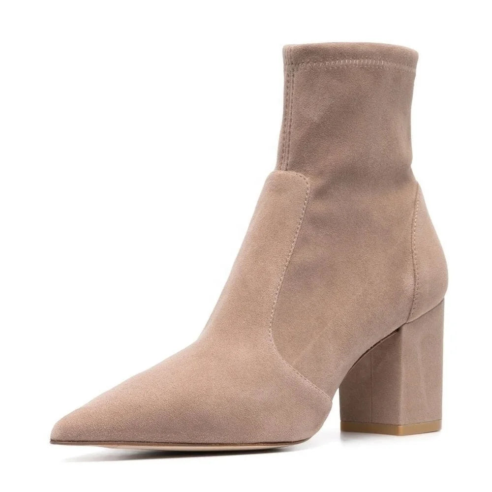 Office Pointed Toe Stretch Booties Brown Women Block Heel High Heeled Sock Boots Black