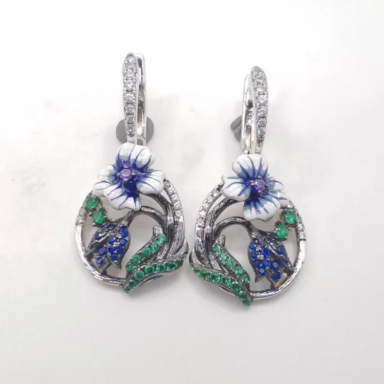 Golden Nano Corundum Cz Enamel Flower 925 Sterling Silver Clip on Earrings