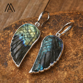 Classic Crystal Angel Wing Earrings Silver Color Tiger's Eye Moonstone Gemstone Dangle Earring Women Gifts