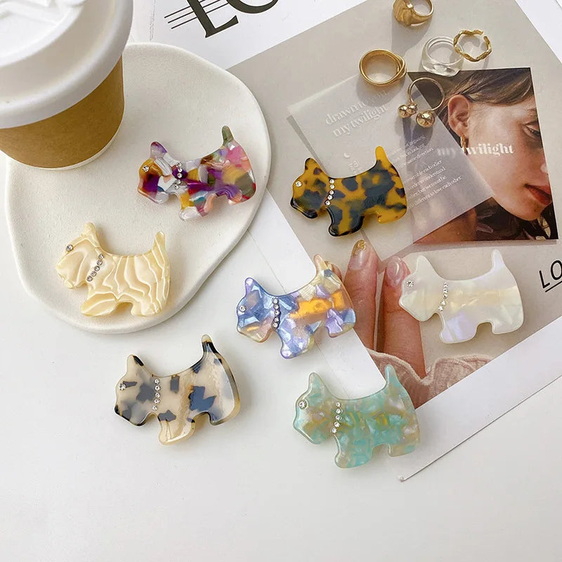 Europe Hot Sale Clear Rhinestone Acetate Dog Hair Claw Cartoon Animal Small Hair Pins Headwear Colorful  Clips for Thick Hair