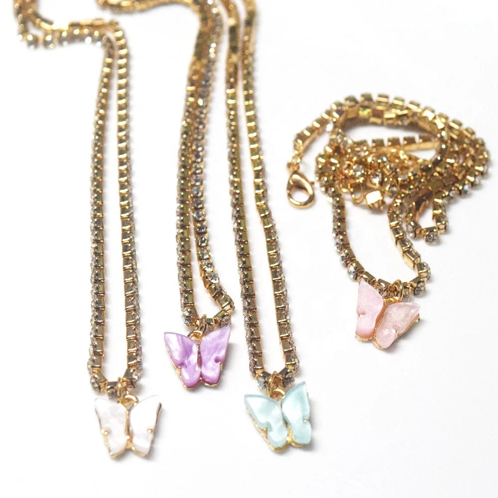 White Purple Blue Pink Trendy Butterfly Crystal Rhinestone Engraved Link Chain Charm Necklace for Party and Gift