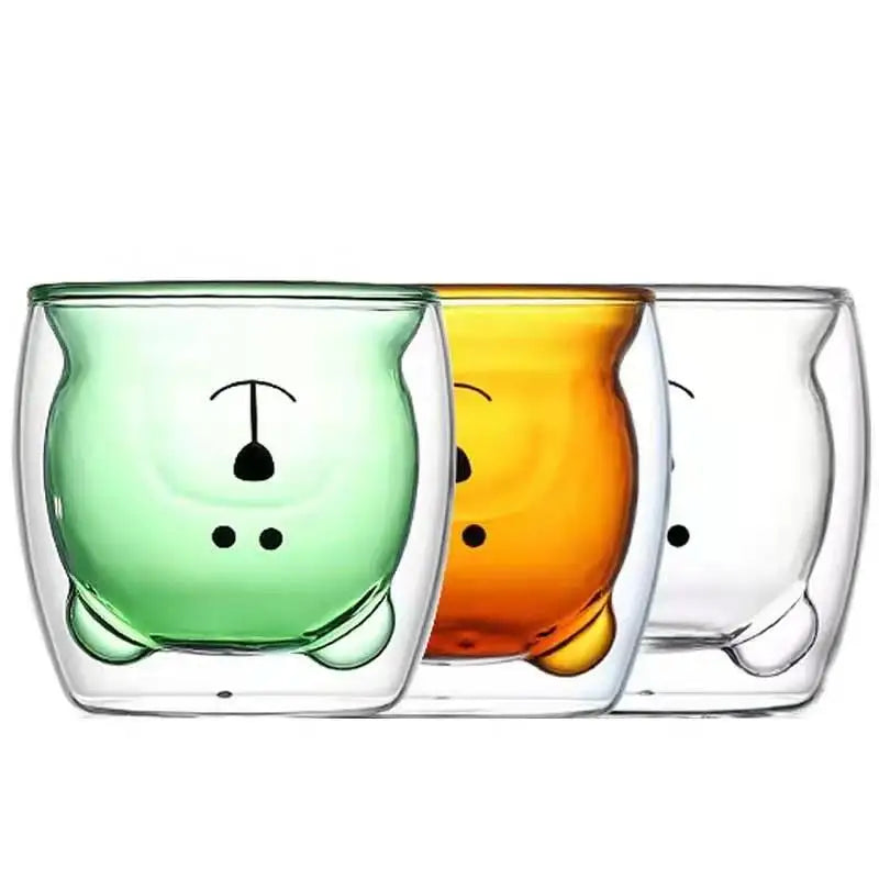 Wholesale Cartoon Cute Animal Shape clear 250ml Bear Double Wall Glass Coffee Cup