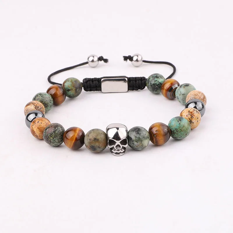 New Design Natural Stone Beads Stainless Steel Skull Charm Customized Logo Macrame Bracelet Men