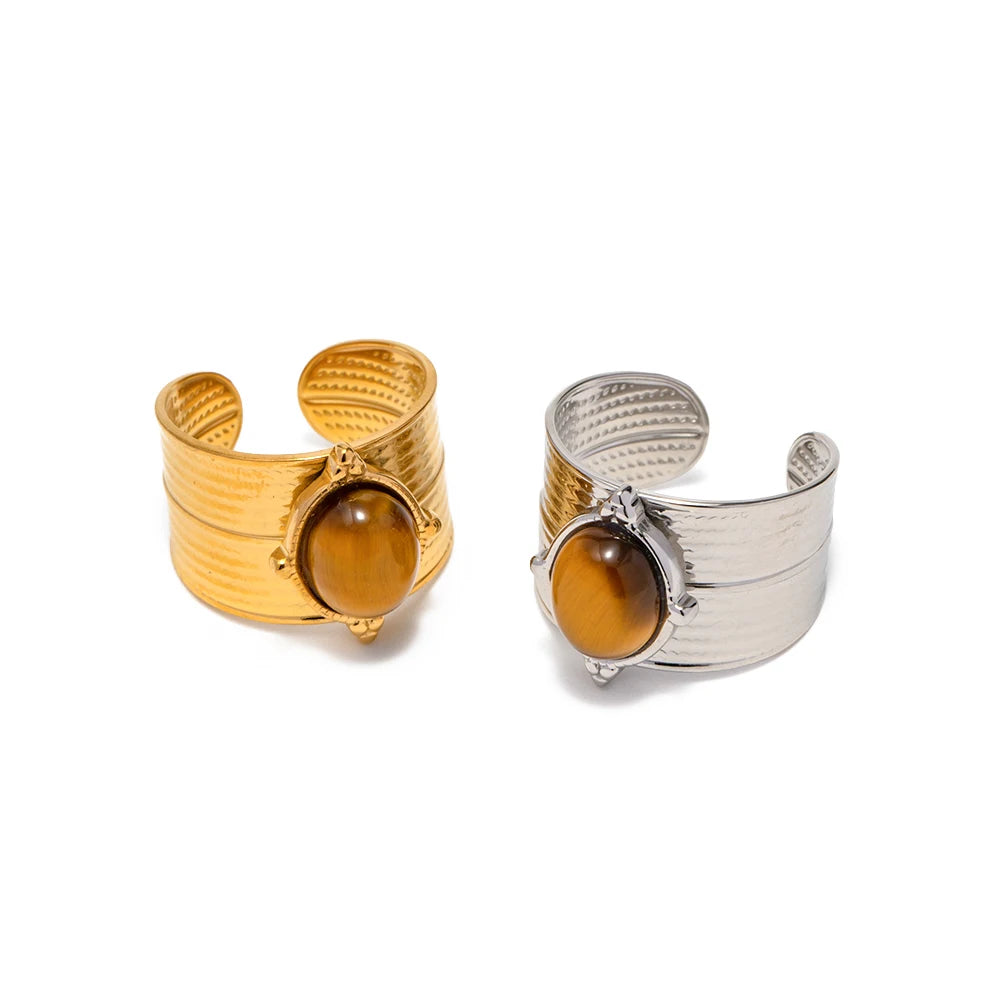 Chunky 18K Gold Plated Stainless Steel Wide Cyclic Wide Surface Tiger Eye Stone Open Rings