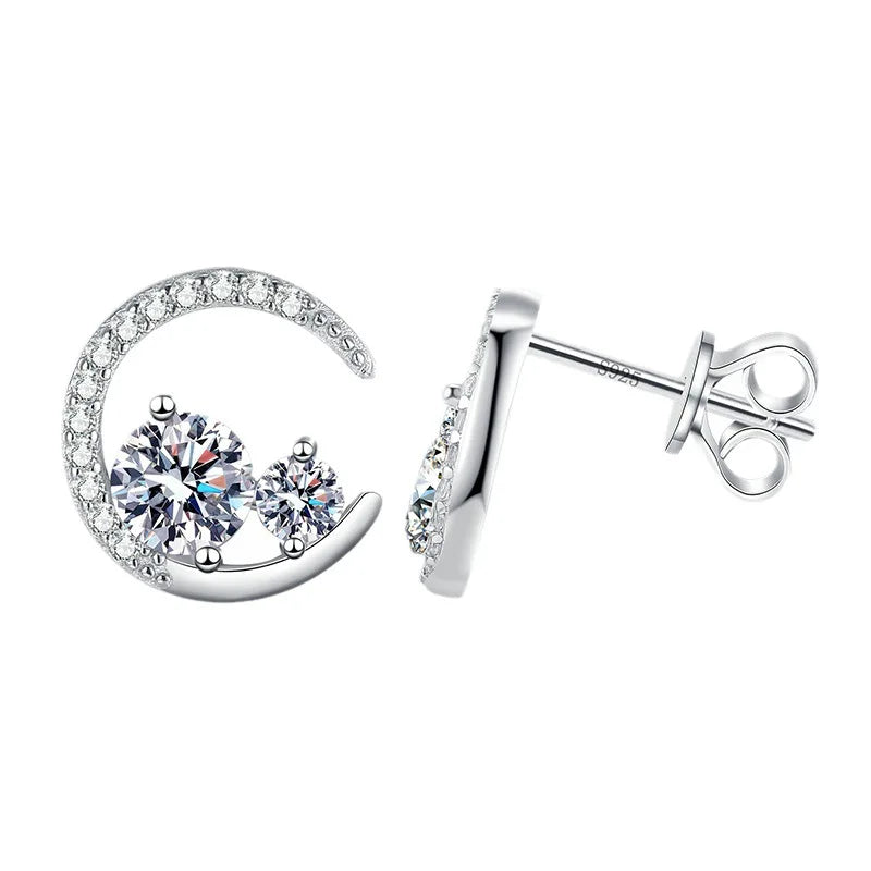 S925 Silver 0.8 Carat Moissanite Moon Shape Earrings Nickel Free Jewelry for Women