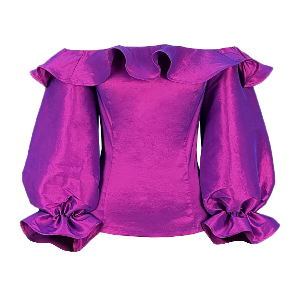 Summer Sexy Fashionable Elegant Off Shoulder Ruffle Ladies Purple Blouse