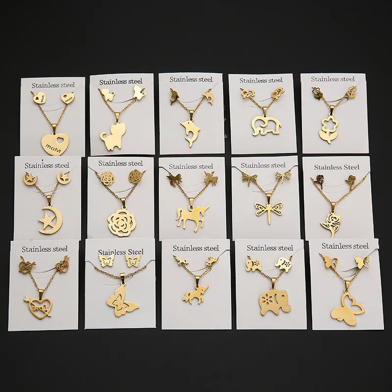 Fashion Gold Plated Minimalist Necklace Elephant Rose Flower Necklace Stainless Steel Hollow Pendant Necklace Sets for Women