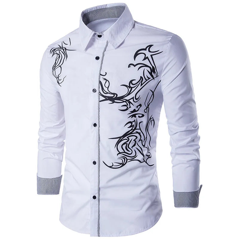Men's Autumn Breathable Vintage National Style Printed Trendy Casual Long Sleeve Fashion Shirt