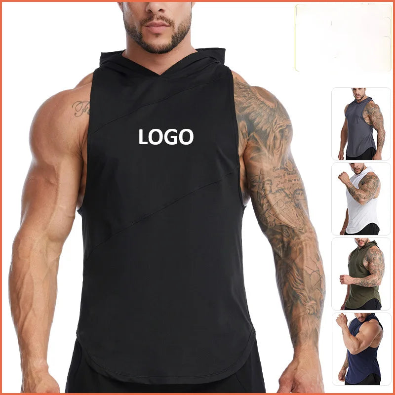 Custom Logo Men Sleeveless Tops Gym Plus Size Workout Hoodie Tank Sports Wear Quick Dry Men Vest With Hooded