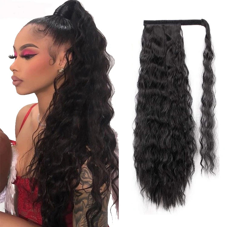 Water Wave Ponytail Synthetic Long Afro Kinky Curly Wrap Around Clip in Ponytail Magic Paste Heat Resistant Hairpiece