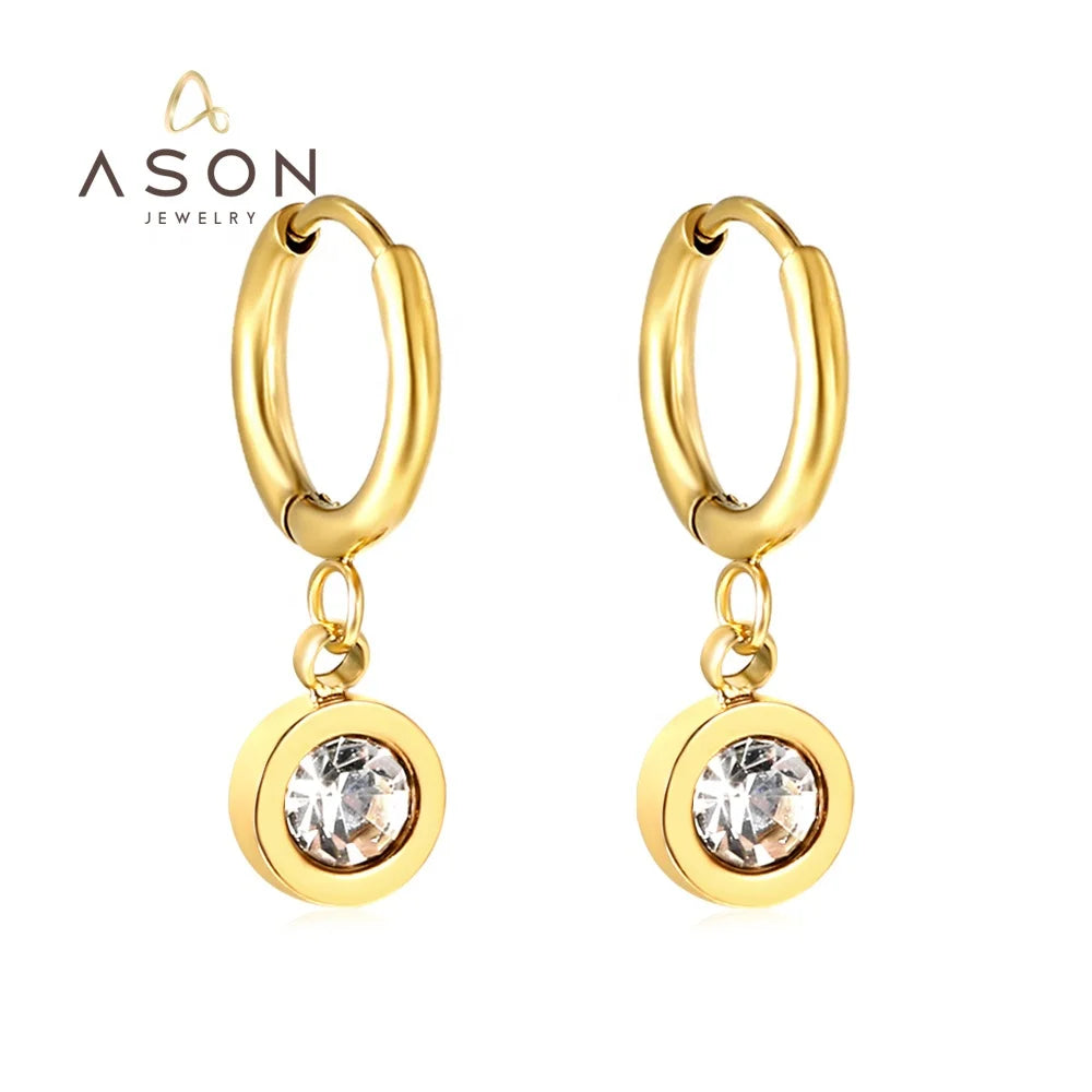 Ason New Arrival Zirconia Stainless Steel Fashion 18K Gold Plated Women Jewelry Round Diamond Dangle Dainty Huggie Hoop Earrings