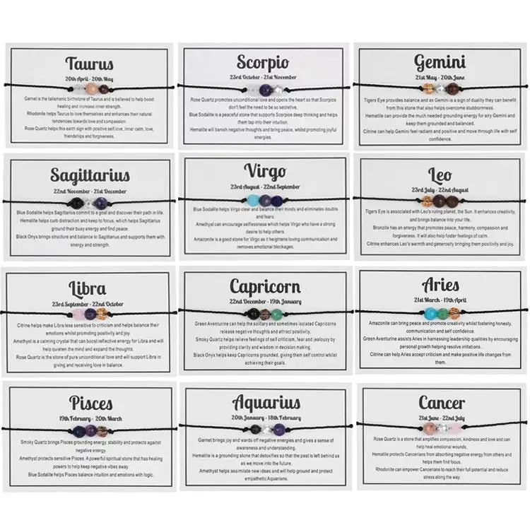 Wholesale Handmade Adjustable Braided Rope Bracelets Natural Stone Yoga Healing Horoscope Bead 12 Zodiac Crystal Stones Bracelet