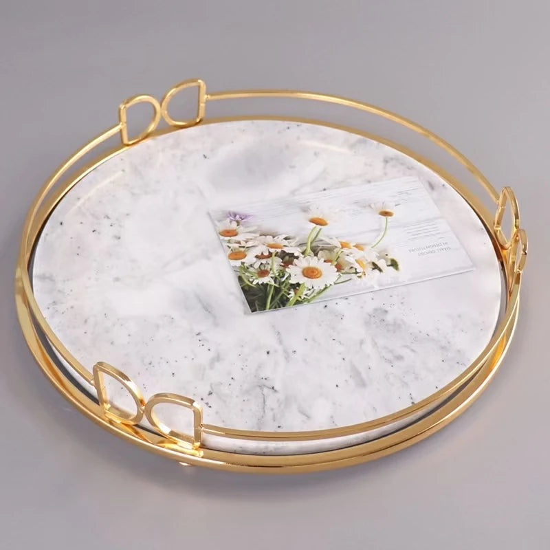 Wholesale Marble Circle Food Displaying Tray Vintage Marble Ramadan Candle Jewellery Watch Storage Serving Tray With Gold Handle