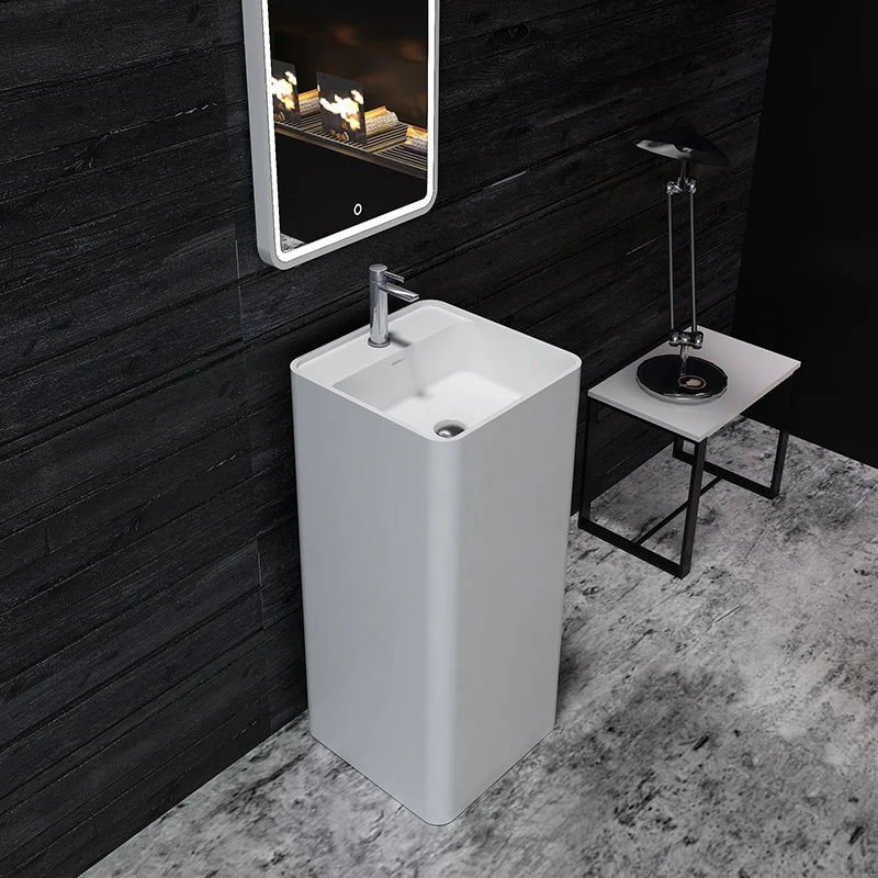 Sanitary Ware Solid Surface Stone Freestanding Modern Polished Square Wash Basin with Drainer Eco-Friendly Bathroom