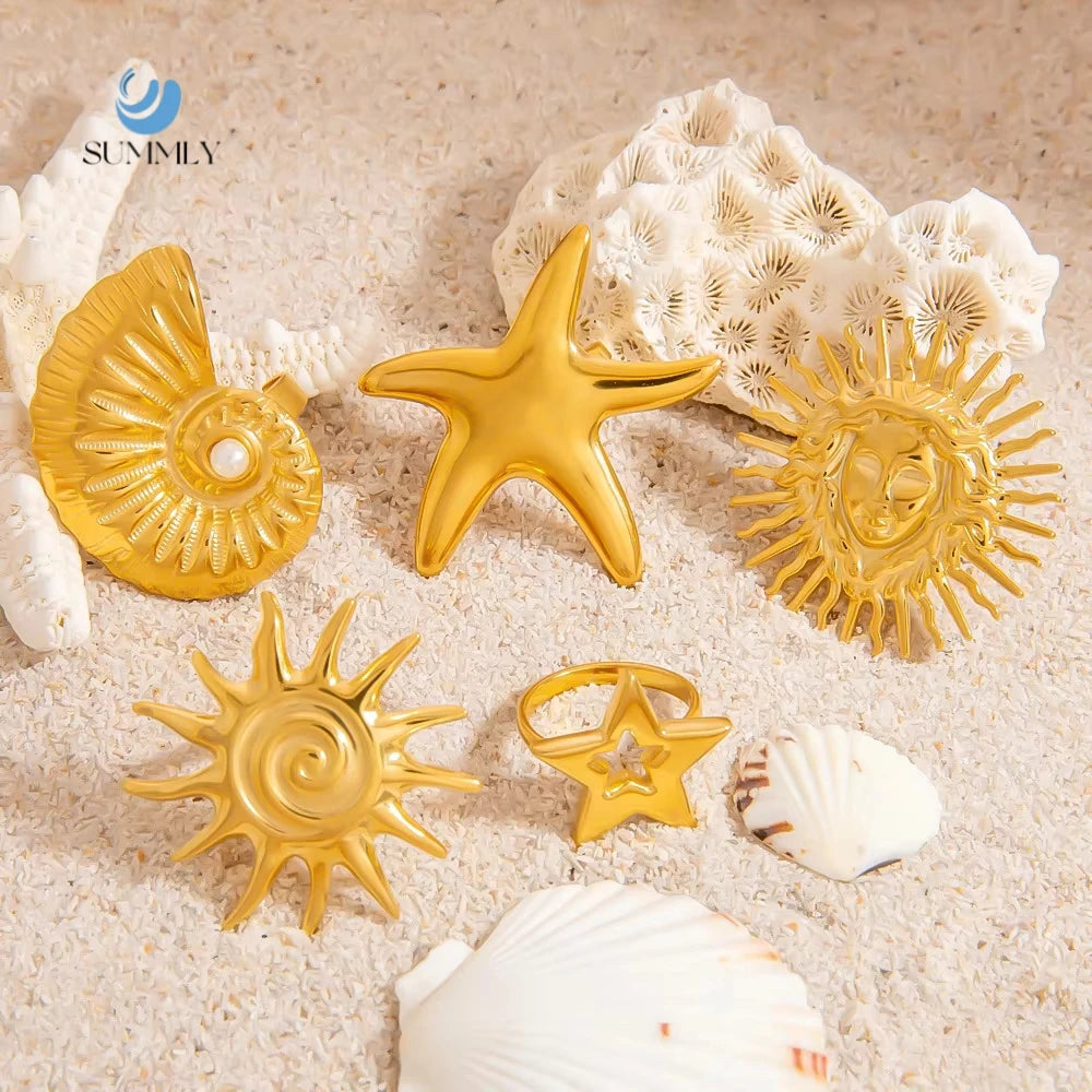 SUMMLY Vintage Wholesale Ocean Series Conch Starfish 18K Gold Plated Stainless Steel Rings for Woman Fashion Jewelry