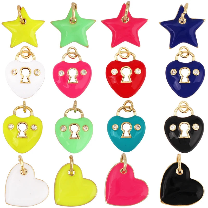 Enamel Lock Heart Star Charm 18K Real Gold Plated ColourNecklace Bracelet Pendant for Handmade Jewelry Supplies M90