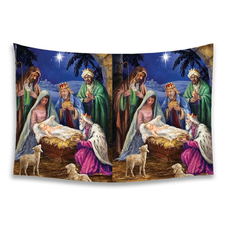 Nativity Scene Tapestry with Christmas Background Featuring Jesus Shepherds and Animal Pattern Suitable for Indoor Decoration