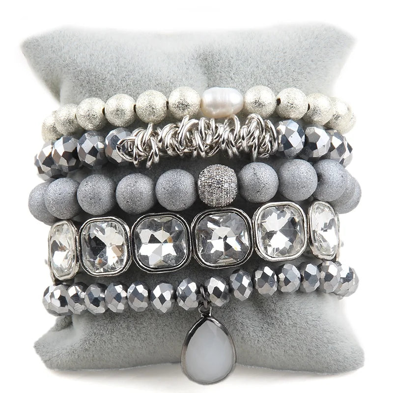 Fashion Bead Silver Black Natural Stone Crystal Glass Druzy Pearl Bracelet  Peace Drop Tassel Pendant Stack Bracelet Set