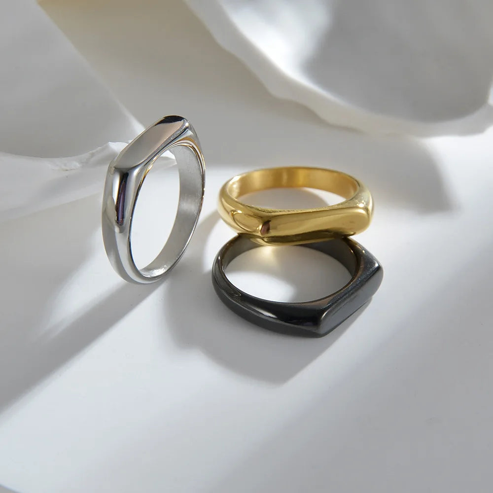 New Fashion Minimalist Rings Jewelry 18K Gold Rectangle Personalized Stainless Steel Signet Knuckle Rings Women