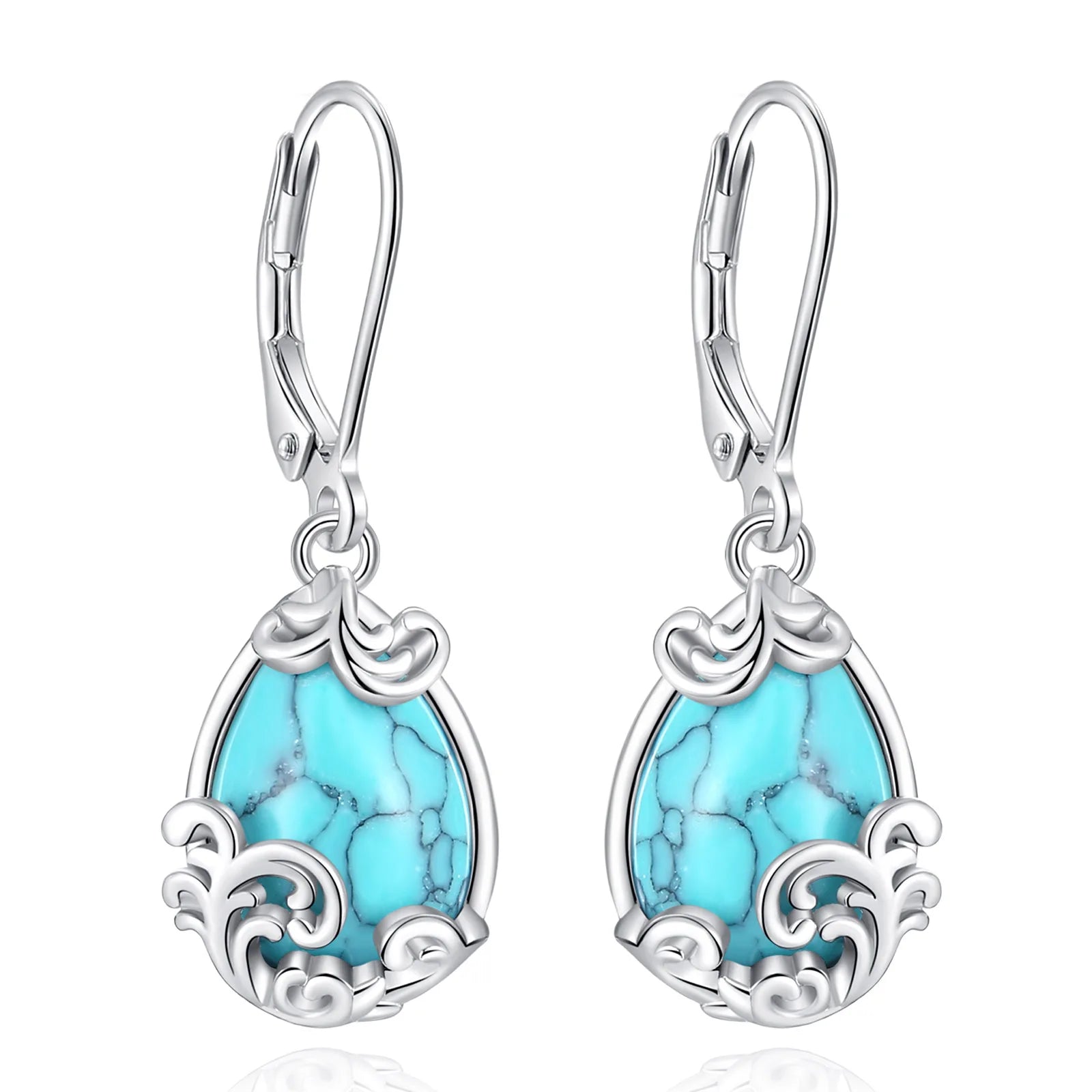 Merryshine 925 Sterling Silver Jewelry Teardrop Turquoise Tree of Life Filigree Leverback Drop Earrings for Women