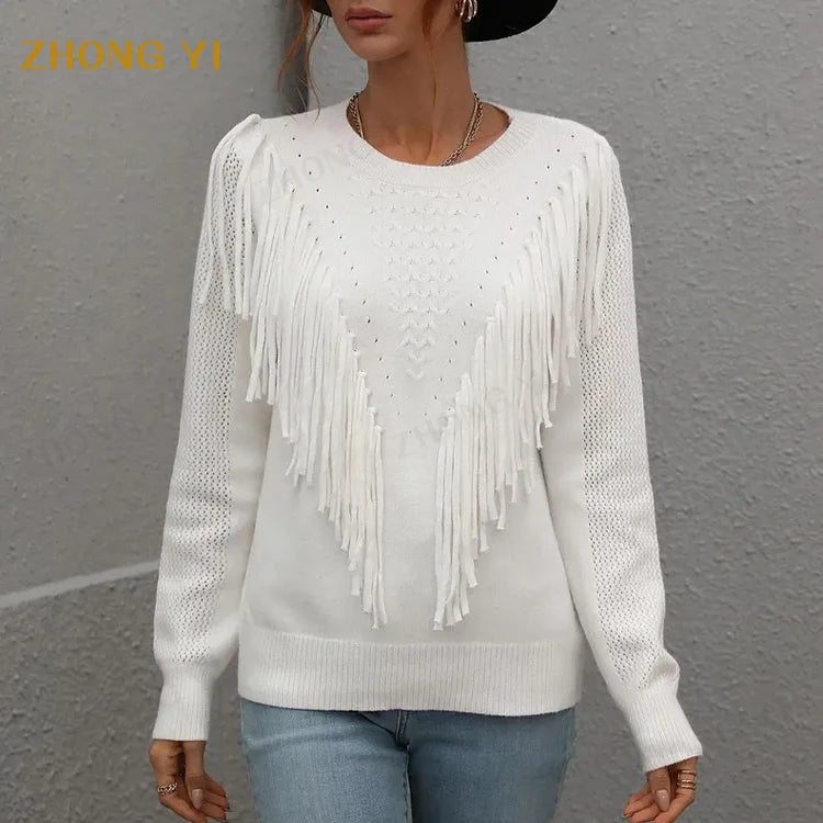 Manufacturers Custom Oem Winter Women Long Sleeve Slim With Fringe on the DesignChest Solid Color Style Casual Knitted Sweater