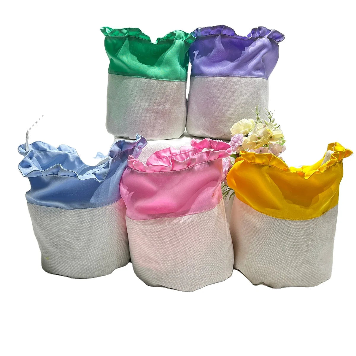 Easter Day Colorful Diy Photo Print Sublimation Blank Kids Gifts Candy Bag Basket Handbags With Color Lace