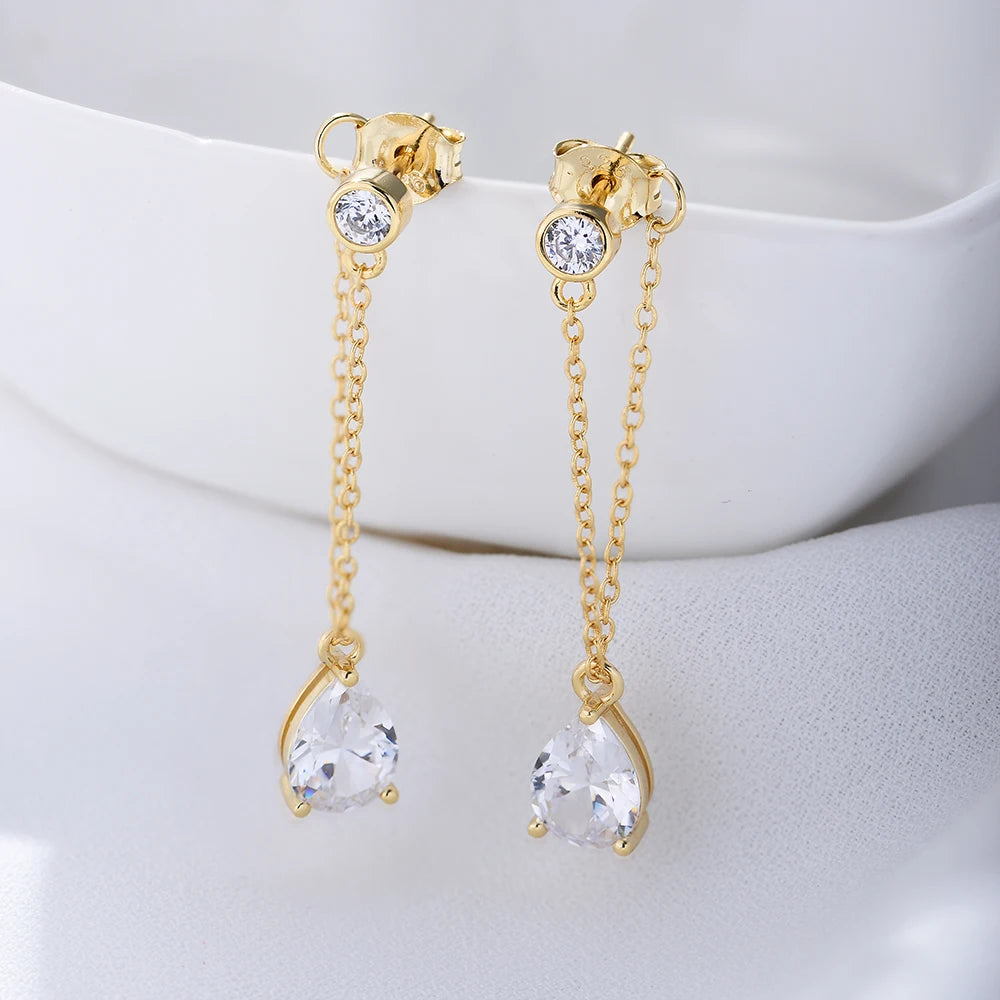 Custom Water Drop Long Tassel Jewelry Psj 925 Sterling Silver 14k Gold Plated Bling Cubic Zircon Single Earrings for Women Girls
