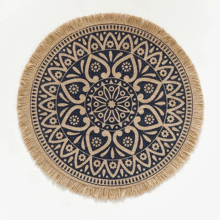 Unique Bohemian Style Round 38cm Custom Printed Jute Fabric Banquet Wedding Party Woven Placemats with Fringe Macrame