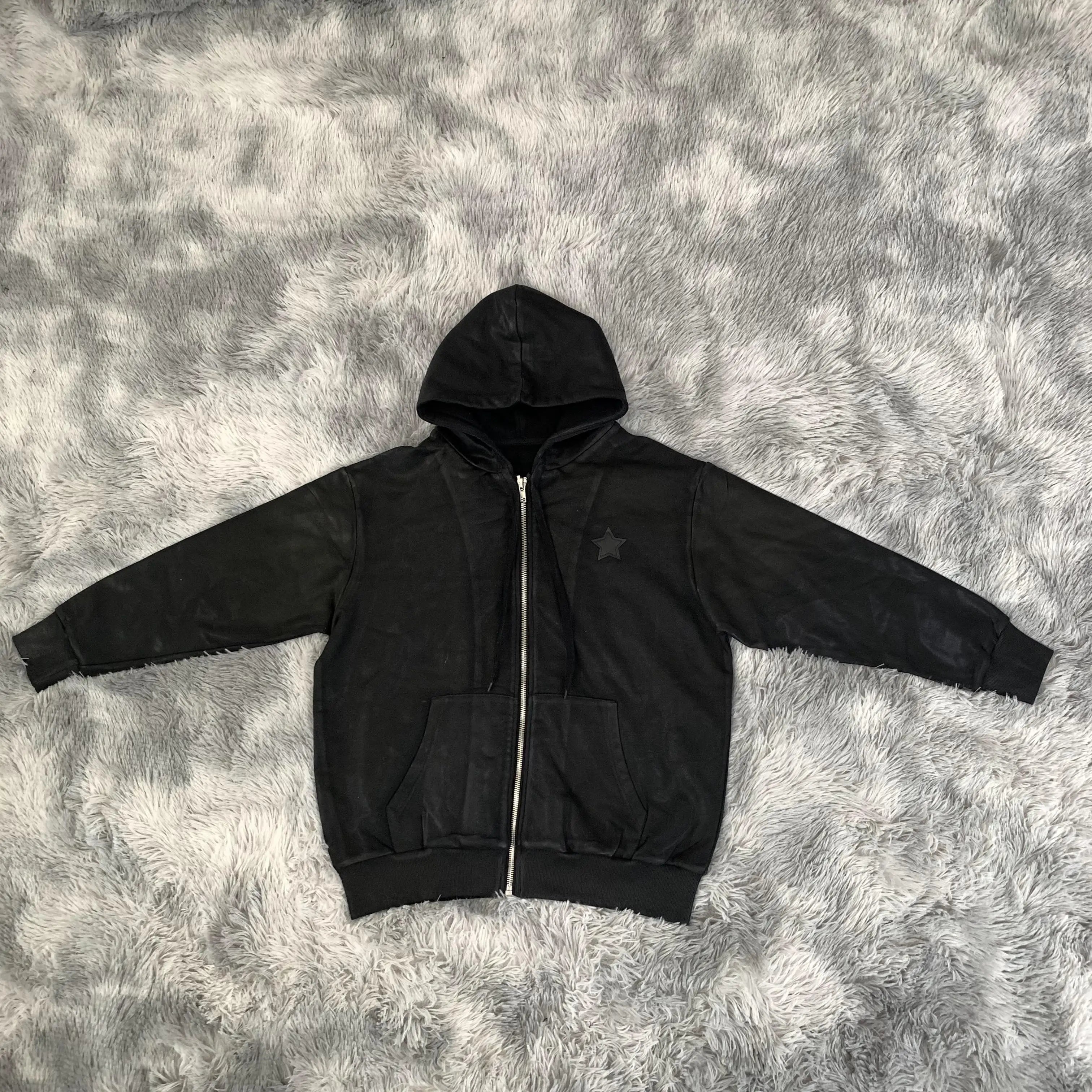 DENIMGUYS Functional Zip up Waxed Hoodies for Men Y2k  American Long Sleeve Black Streetwear Wax Coated Hoodie