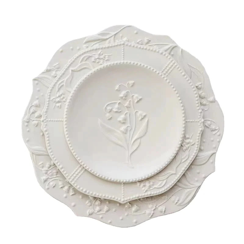 European-style Embossed Lace Ceramic Western Food Plate Pasta Dessert Plate