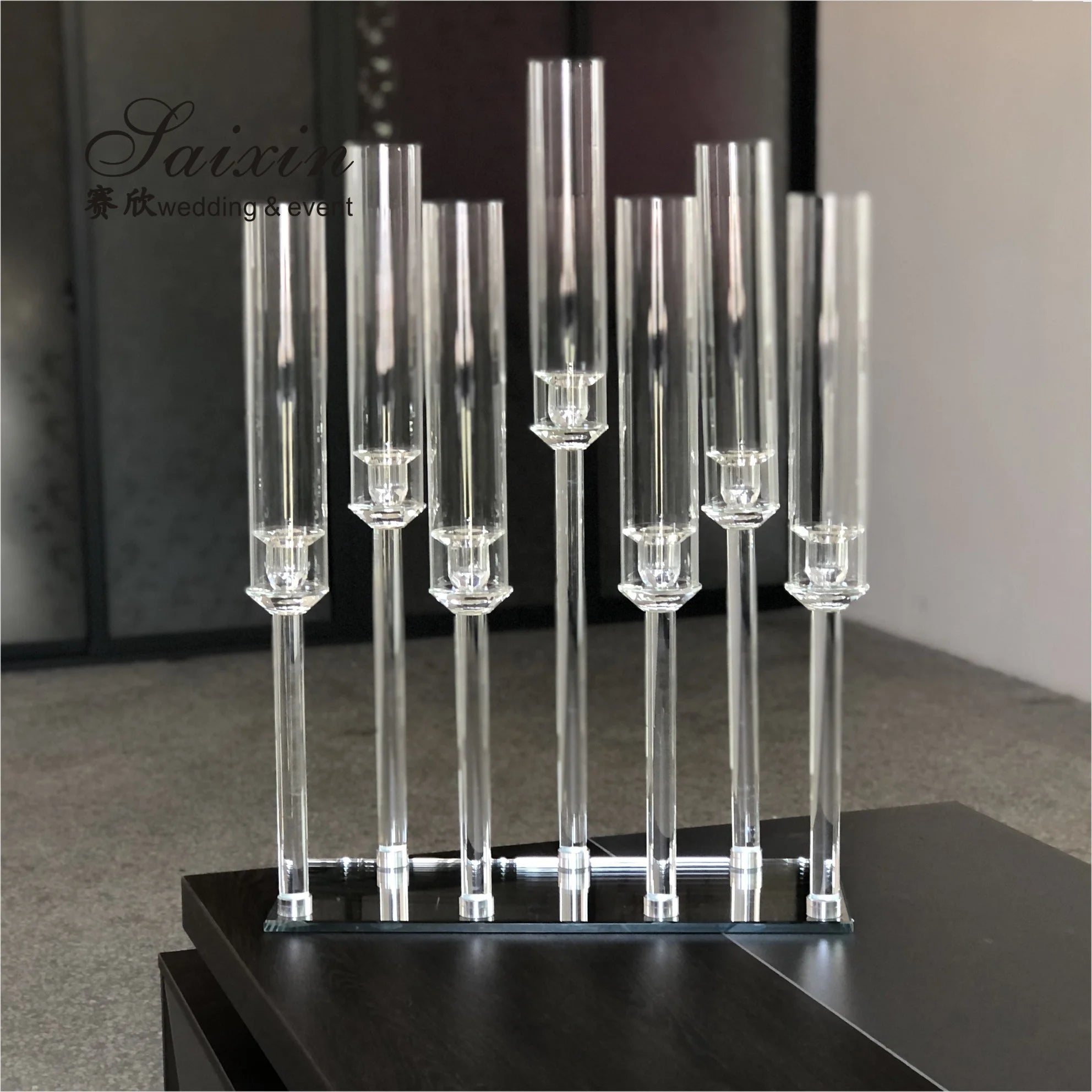 Wholesale Event Table Decorations Centerpieces Taper Candle Holders with  Glass Tubes  Wedding Crystal Tall 7 Arms Candelabra