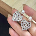 Zircon Inlaid Heart-Shaped Drop Earrings 8-9mm Natural White Freshwater Bread Pearl AAAA Grade Platinum Plated Cute Style Girls'
