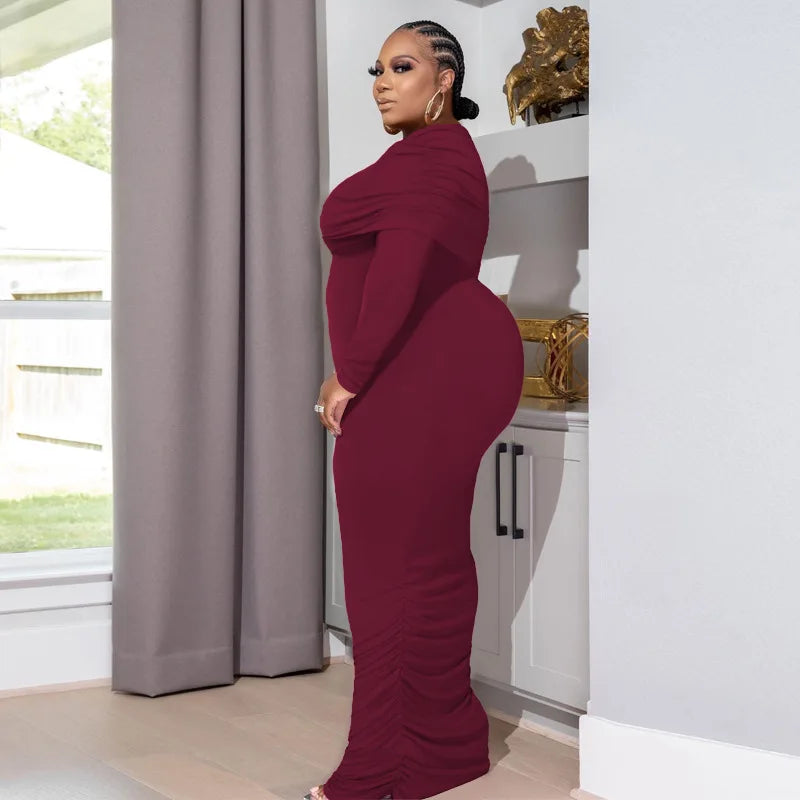 USA Style Solid Color One-line Collar Fashionable Sexy Plus Size Women's Dress