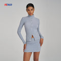 Wholesale Summer Trends Skirt Sets Women 2 Piece Outfits Custom High Quality Woman 2 Piece Turtleneck Zip up Top and Skirt Set