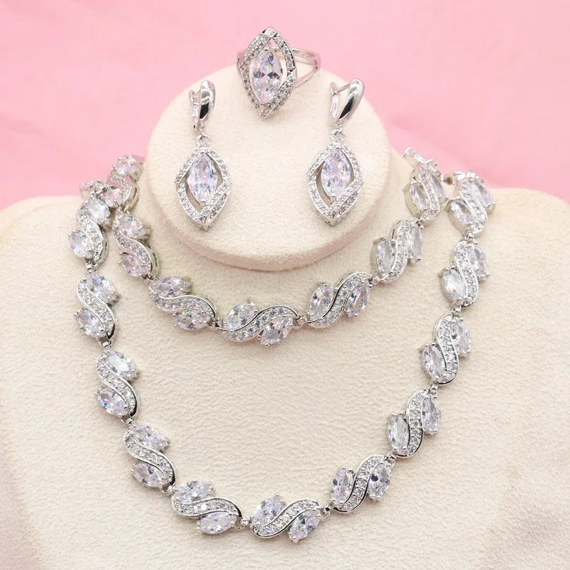 Luxury White Zircon Silver Color Bridal Jewelry Sets Includes Necklace Earrings Ring Bracelet with Gift Box for Wedding Parties