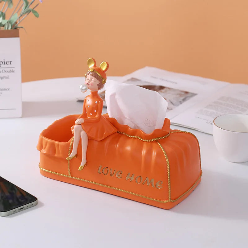 Cute Girl Resin Tissue Box Luxury Fashion Design with Storage Container Table Desktop Mobile Phone Holder